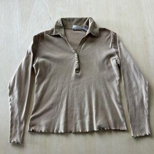Vintage Bill Blass Jeans Polo Shirt Womens Medium Beige Long Sleeve Lettuce Hem